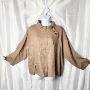 Zara Woman Mock Neck Linen Top Brown Sz S Relaxed Lagenlook 3/4 Sleeve Hi Low